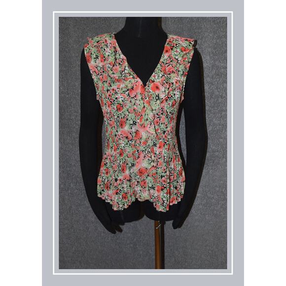 Notations Rose & Green Floral Print Ruffled V-Neck Sleeveless Summer Blouse SZ L - Picture 1 of 6